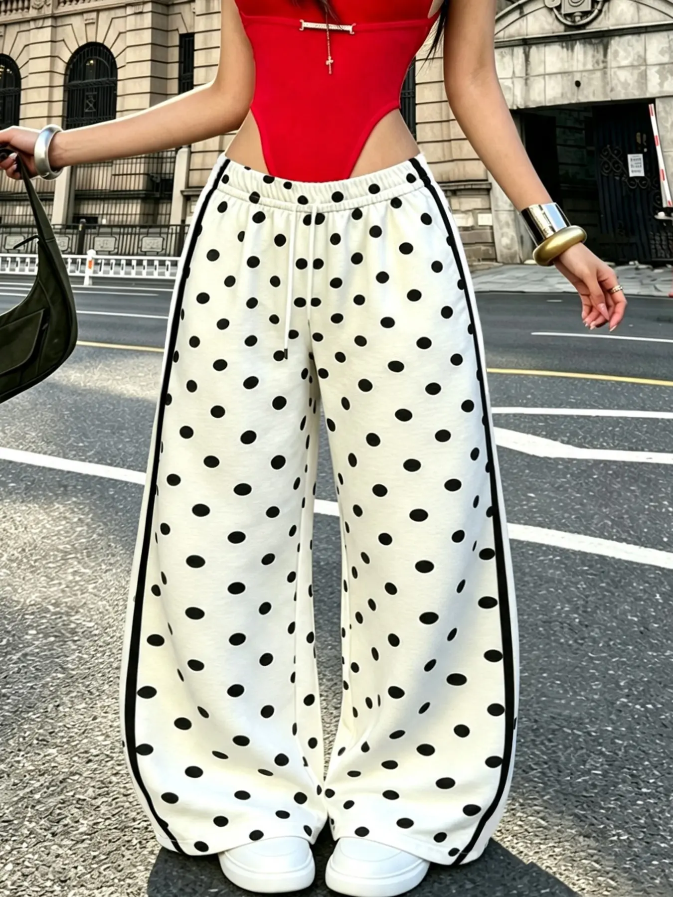 Men's Loose Fit Wide Leg Pants, Side Color Block Stripes Polka Dots Drawstring Casual Sweatpants, Daily Wear Long Trousers