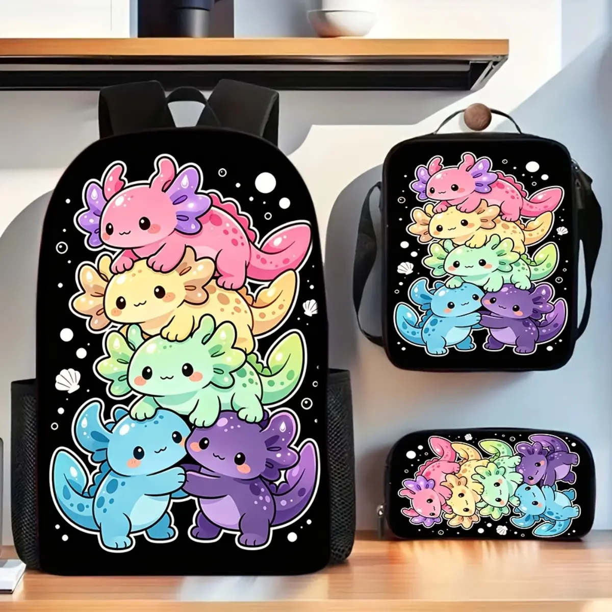 Axolotl Backpack with Lunch Bag & Pencil Case Suitable for,, Daily Use - Lightweight Colorful Stacked Axolotl Print Bookbag, Adjustable Straps, Zipper Closure, Hand Washable for And