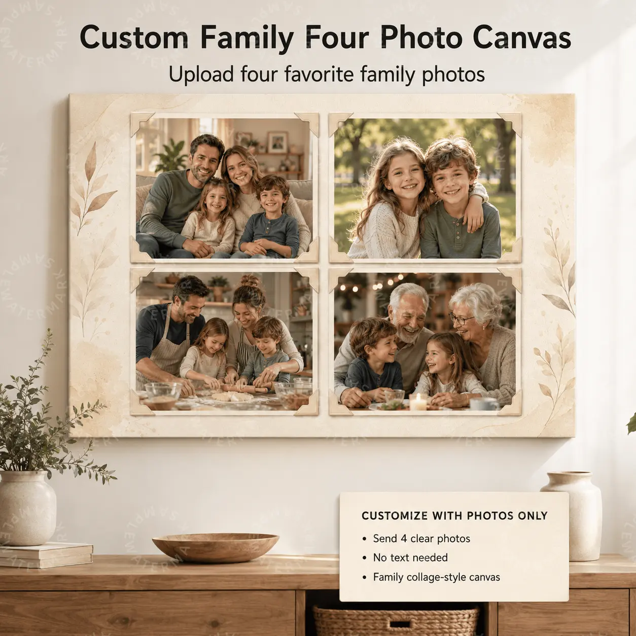 Custom 4-Photo Collage Family Canvas Wall Art - Personalized Vintage Leaf Line Art Scrapbook Poster, Neutral Farmhouse Decor, Multi-Size Gift Idea for Family Memories, 12×18in/24×36in(60×90cm)