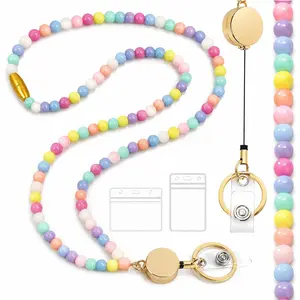 Breakaway Wooden Beaded Teacher Lanyard for ID Badges, Retractable Reel