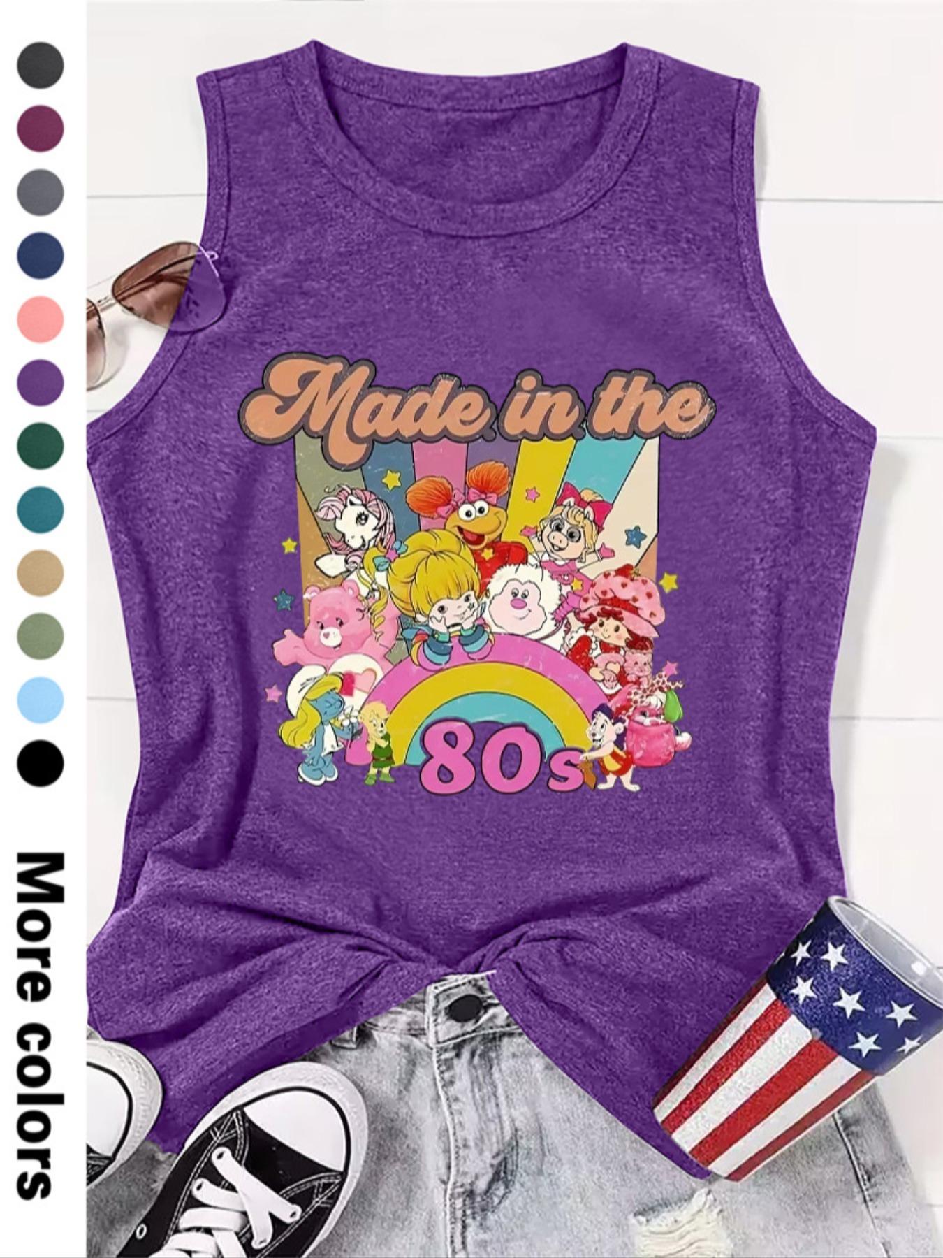 Fashionable Women's Cartoon Letter Print Round Neck Sleeveless Vest, Comfortable Knit Fabric, Summer Fitted Style, Available in 12 Colors