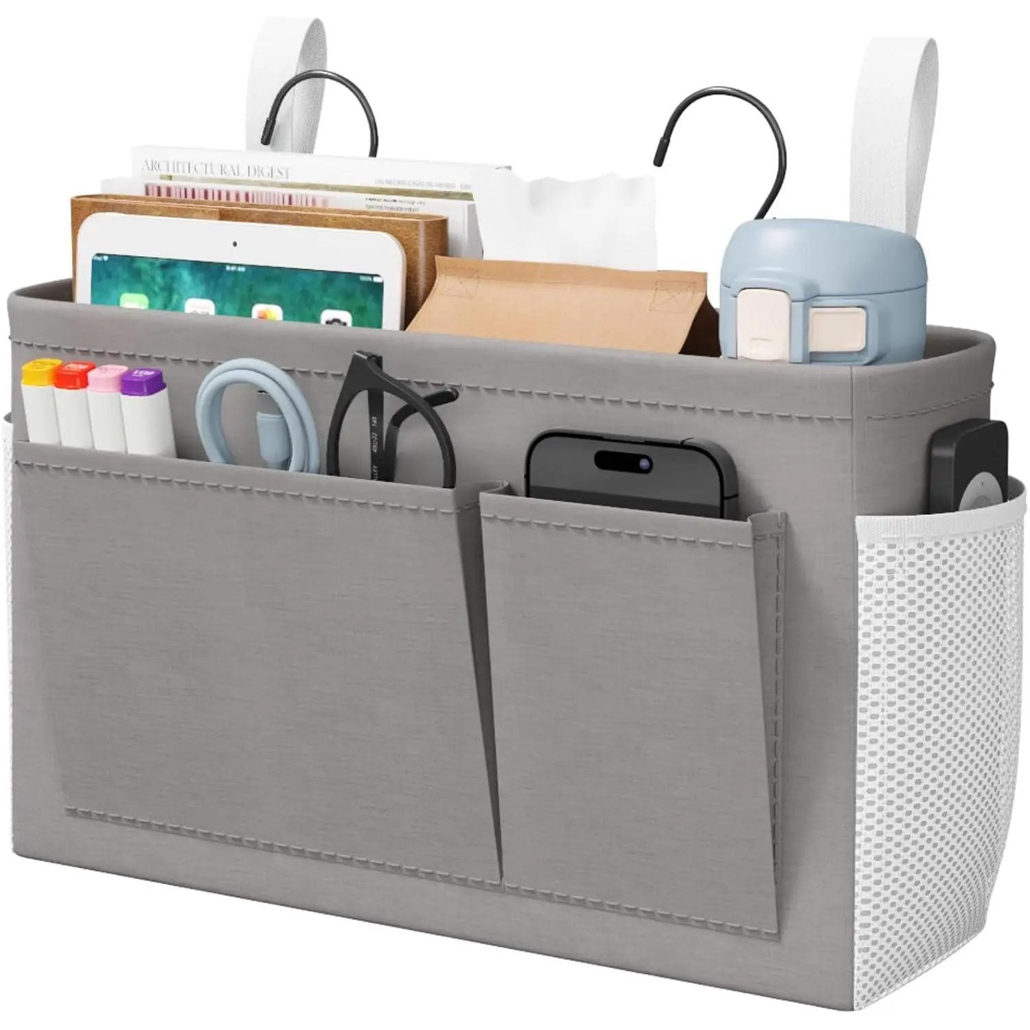 Bedside  Storage Organizer,  Storage Bag with Fixed Straps, Book Remotes Holder for , College, Dorm, Bunk, ,  Bed Rails, Grey