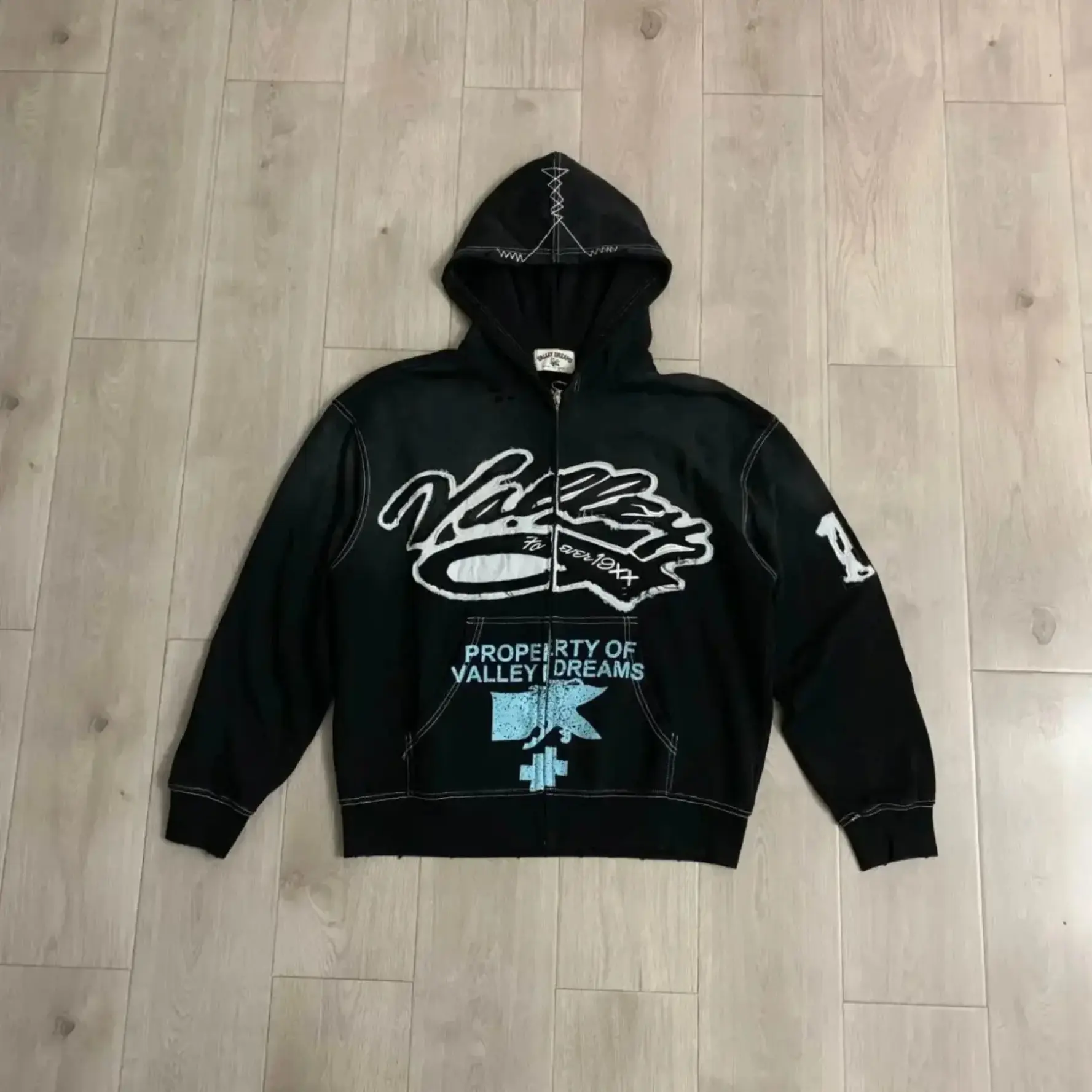 VALE VALLEY DREAMS Embroidered Patch Vintage Washed Zip Up Hoodie 380g Heavyweight 100% Cotton Loose Oversized Y2K Distressed Hooded Sweatshirt Autumn Winter Streetwear Jacket Top Unisex