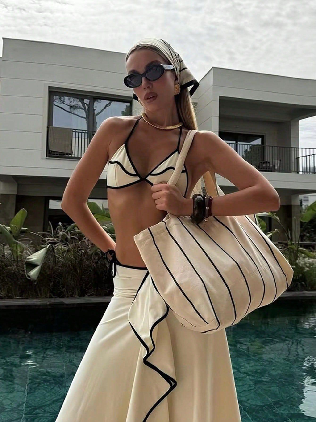 Women's Blue Paisley 3-Piece Swimsuit Set with Cover Up - Halter Bikini & Maxi Beach Cover Up for Summer Vacation,#ResortWear & Poolside Outfits,Floral triangle cup camisole dress, bikini three-piece swimsuit