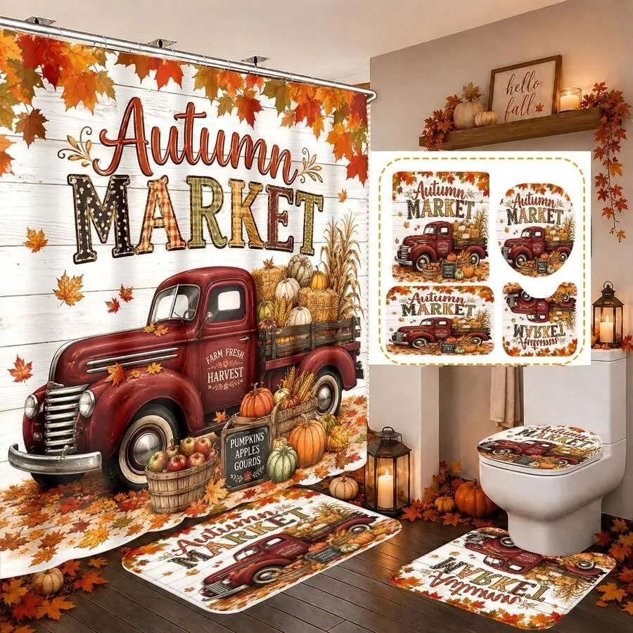 1pc/4pcs Autumn Thanksgiving Vintage Red Truck & Pumpkin Pattern Multi-Functional Bathroom Decor Shower Curtain Set, Free 12 Hooks, Premium Holiday Atmosphere, Bathroom Mat, U-Shaped Rug And Round Toilet Lid Cover, Suitable For All Scenes, Bathroom Set
