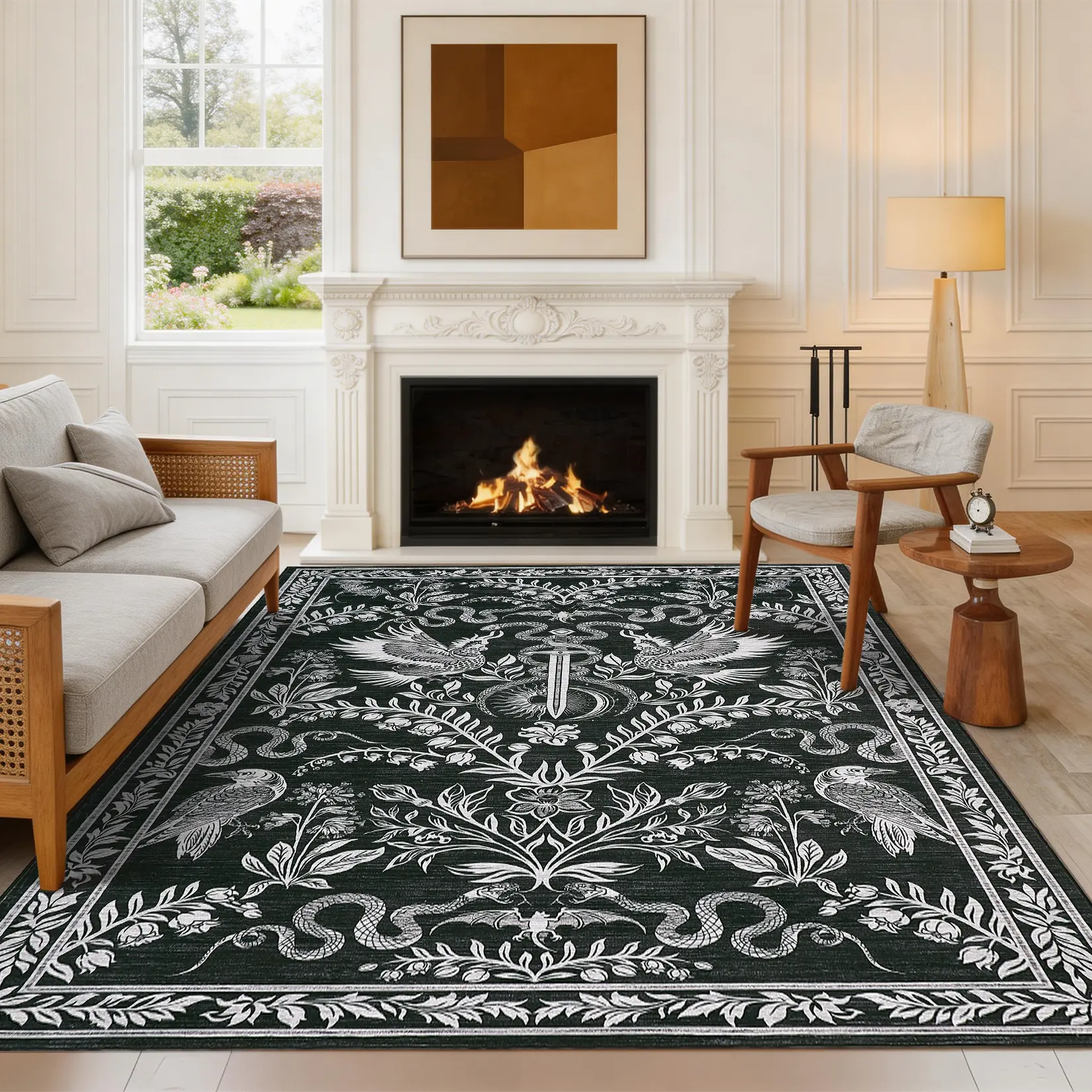 Washable Gothic Snake Print Area Rug for Living Room Bedroom, Vintage Non Slip Stain Resistant Large Dining Room Rugs, Retro Accent Low Pile Floor Carpet for Home Office