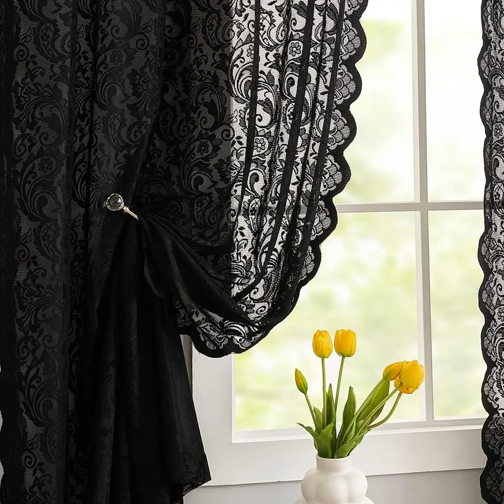Black Lace Curtains 63 Inch Length Victorian Vintage Floral Sheer Panels for Halloween Luxury Gothic Curtains for Bedroom Witchy/Goth/Moody Room Decor, 52 x 63 Inch, Black