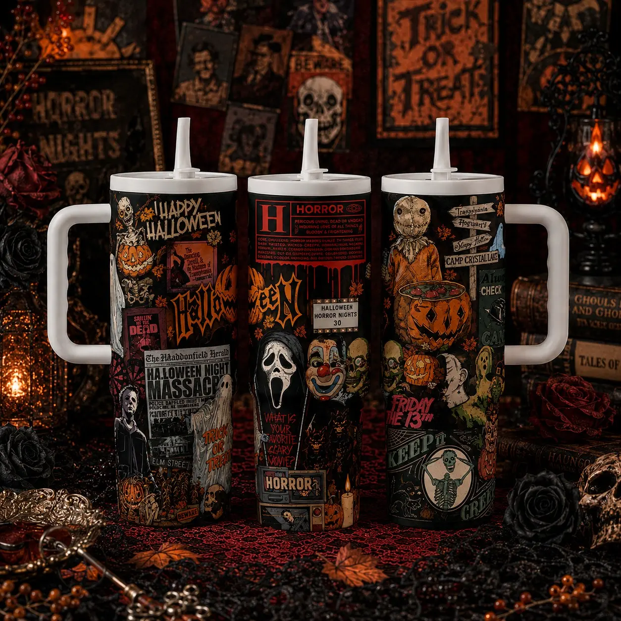 Halloween Horror 40oz Tumbler, Scary Movie Collage Cup, Insulated Travel Mug with Handle Lid Straw, Gothic Gift