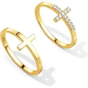 Cross Gold Rings for Women Non Tarnish, Dainty Trendy Stackable Ring Set 14k Gold Plated Thin Cz Cross Finger Rings for Women Non Tarnish Simple thumb Rings for Momen Gold Jewelry Size 5-10