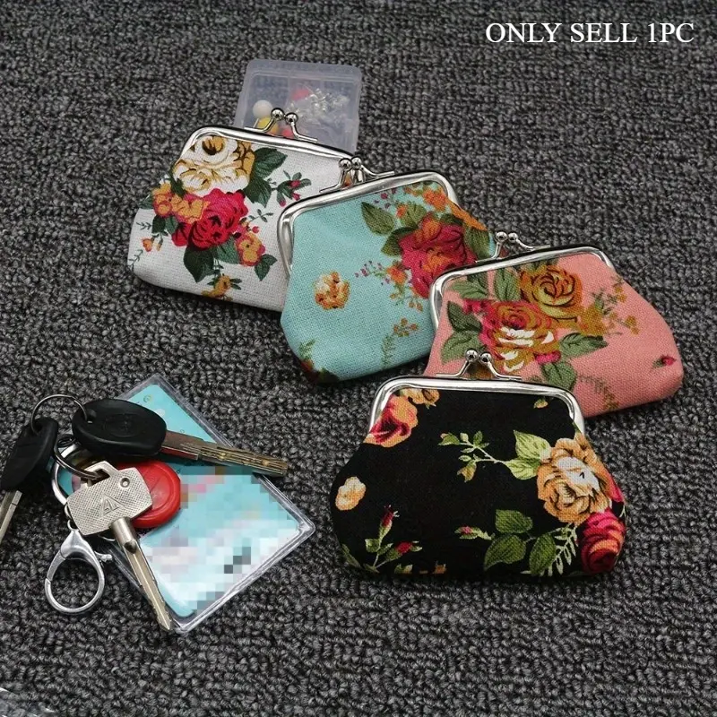 1pc Coin Purse, Women's Stylish Small Canvas Floral Pattern Storage Bag Ofr Keys & Lipstick, Coin Holder