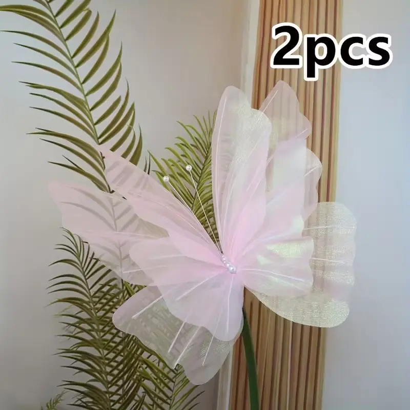 2 Giant Silk Iridescent Fake Butterflies Decorative Ornaments, Ideal for Wedding Decor, Window Display, Garden Arrangement, Home, Shop, Table Setting, Festival Celebrations