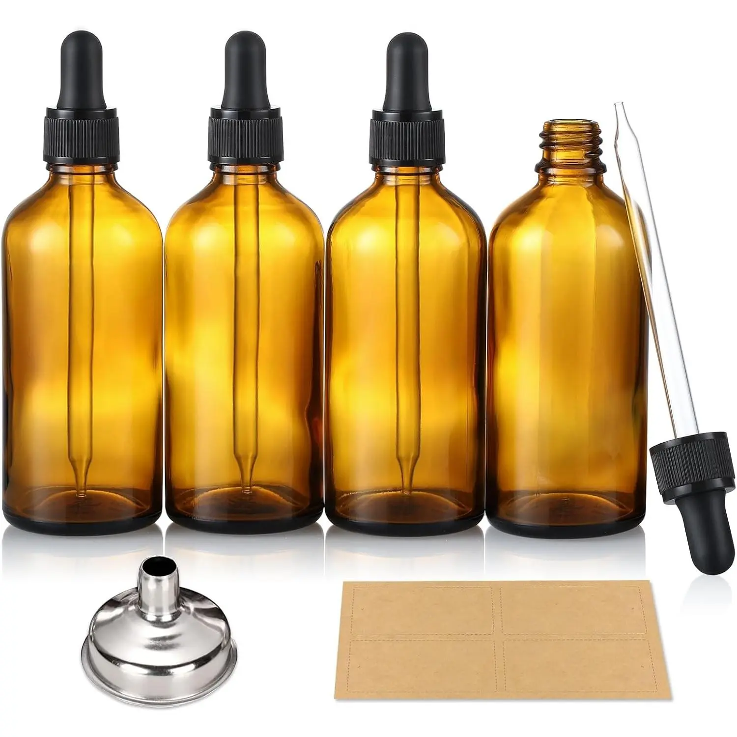 4 Pack 4 oz Amber Glass Dropper Bottles with Funnel & Labels - 120ml Leakproof Essential Oil Tincture Bottles with Eye Droppers for Health, Personal Care & BeautyGift