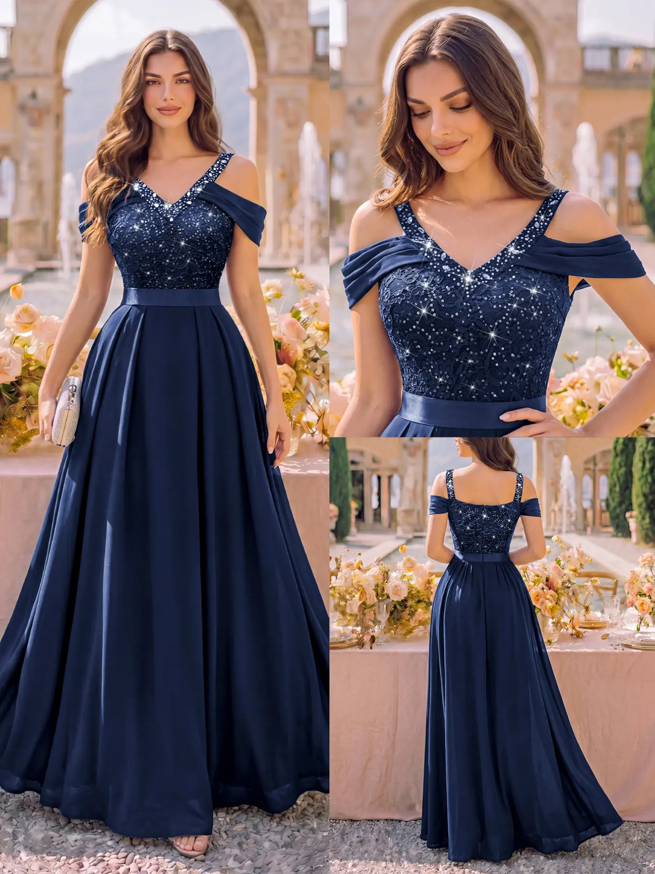 MIUSOl 25768A Off Shoulder Sequin Floral Lace Contrast Chiffon Pleated Hem Formal Evening Party Maxi Dress, Prom Dresses For Teens, Elegant Party Dress For Wedding Guest, Birthday, Graduation, Prom, Cocktail, Dinner, Formal Wear