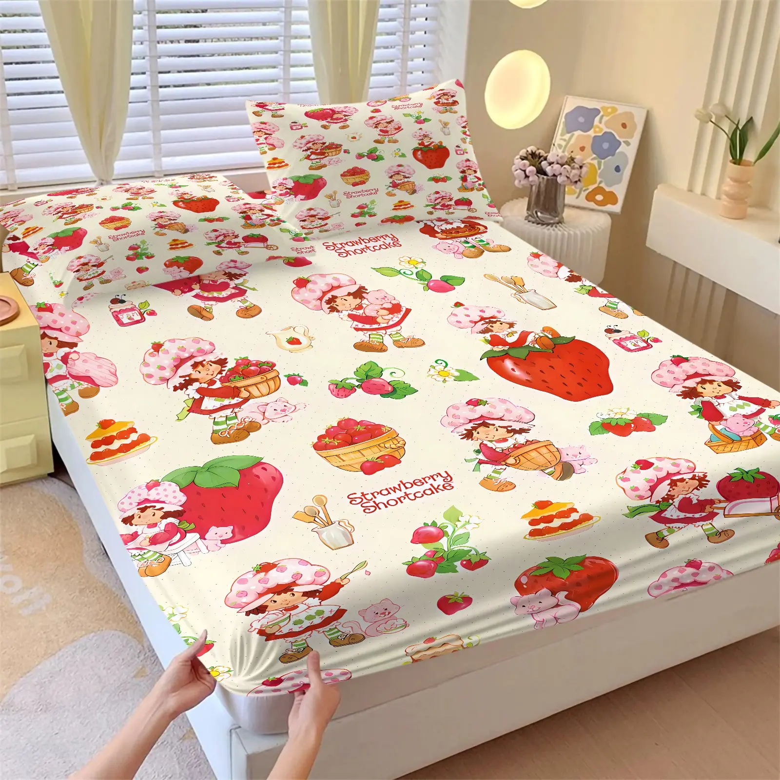 3PCS Cream Background Strawberry Cartoon Girl Fruit Dessert Fitted Sheet Set, Theme Bedding Set (1 Fitted Sheet + 2 Pillowcases), Ultra Soft Breathable Fabric, Stretch Deep Pocket, Bedroom Decor Accessories For Teen Girls
