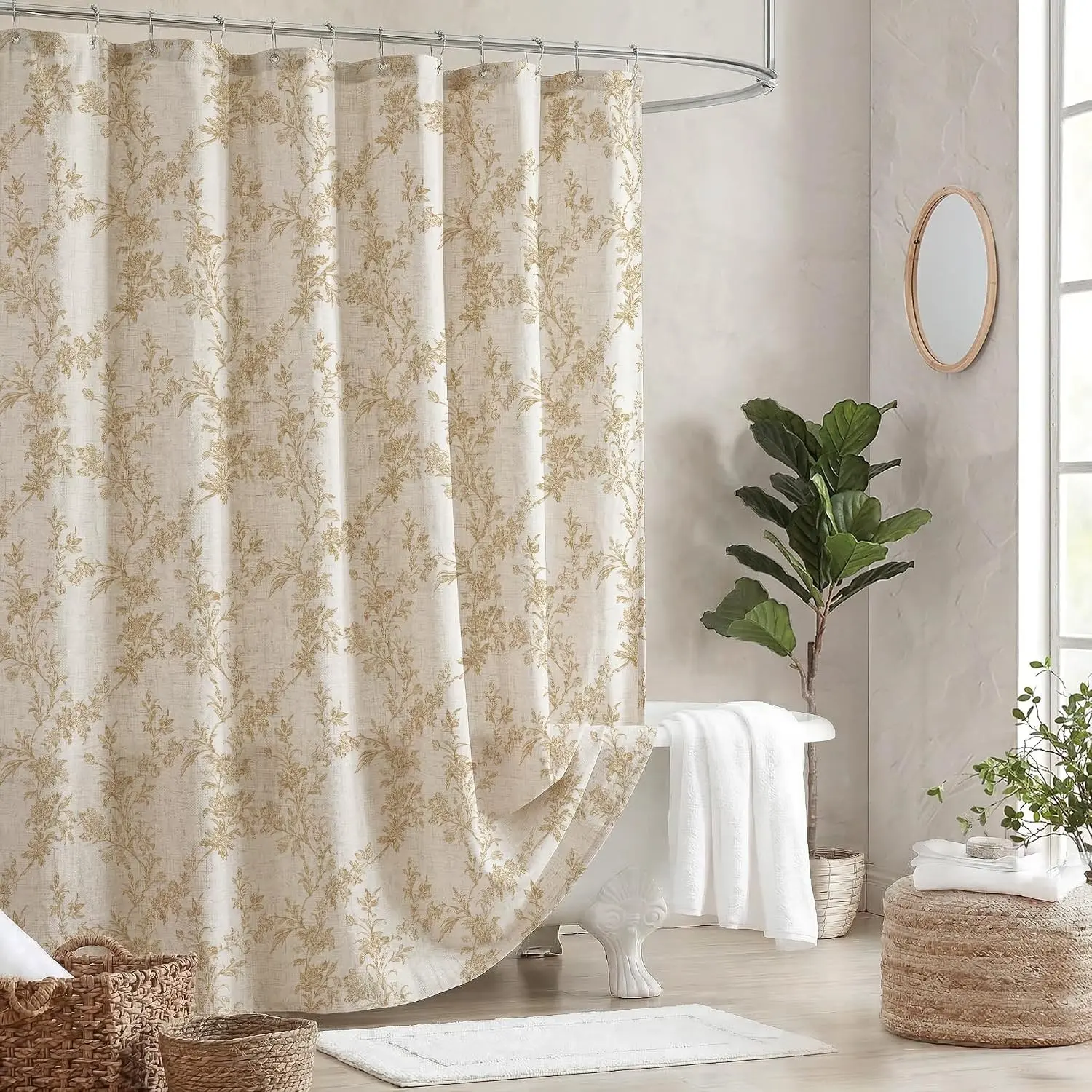 Floral Beige Linen Shower Curtain Rustic Vintage Boho Farmhouse Shower Curtain for Bathroom French Country Cottagecore