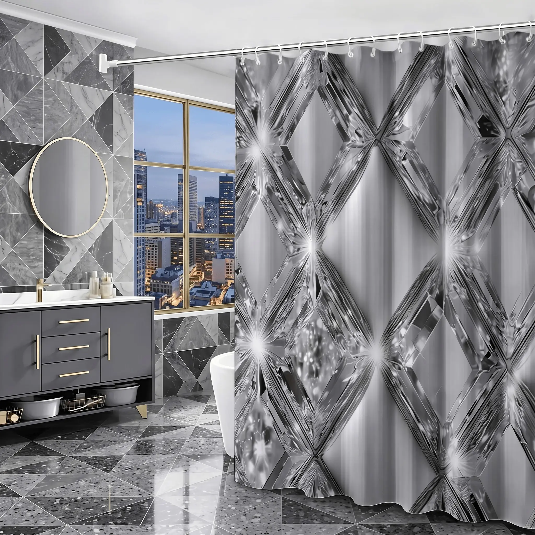 1pcs Luxury Silver Color Diamond Crystal Sparkle Shower Curtain, Geometric Metallic Glam, Bath Decor for Modern Bathroom, Holiday & Party Backdrop