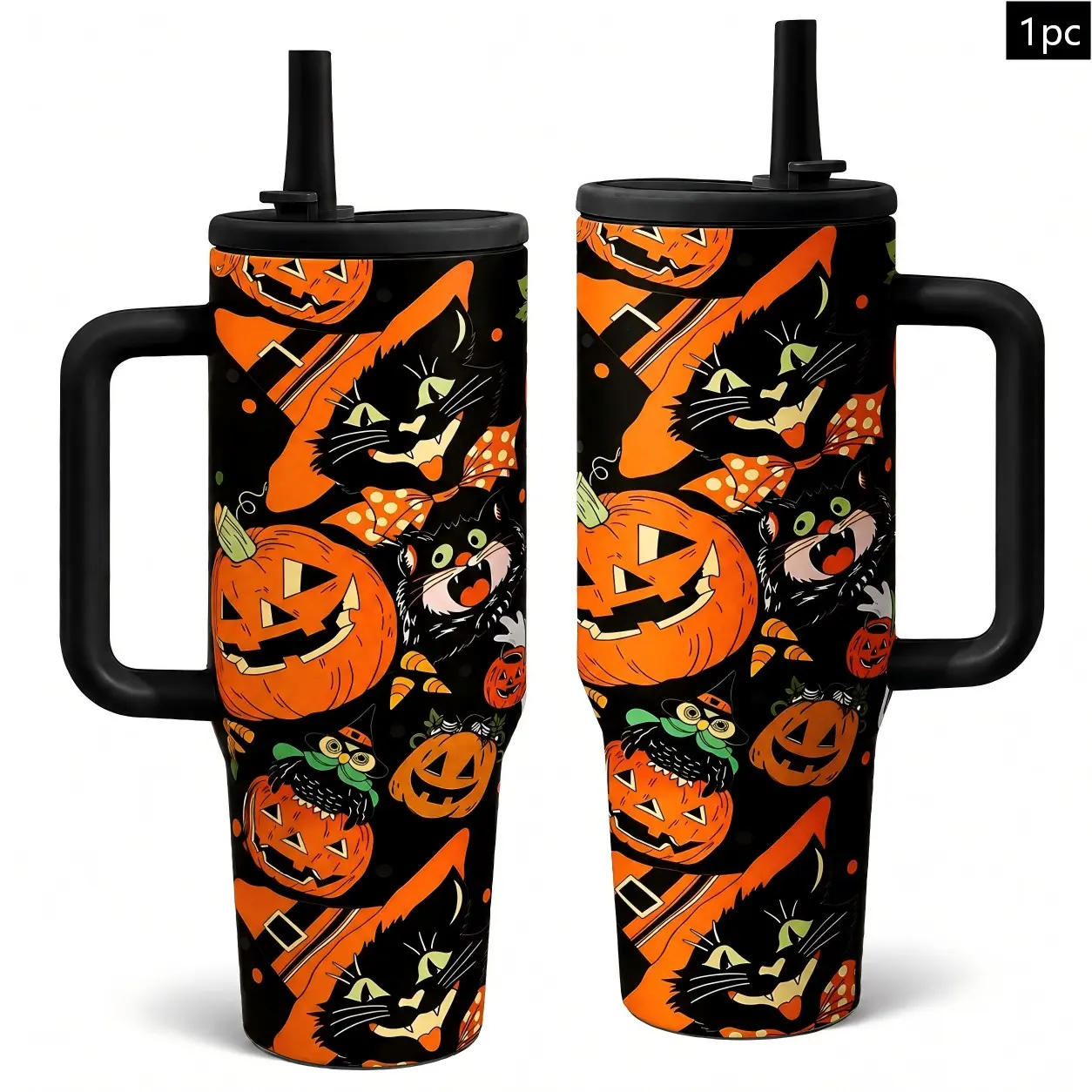 1pcs 40oz Vintage Black Cat Pumpkin Halloween Tumbler With Handle & Straw, Retro Spooky Witch Owl Stainless Steel Insulated Travel Mug, Leakproof Coffee Water Cup Halloween Party Gift