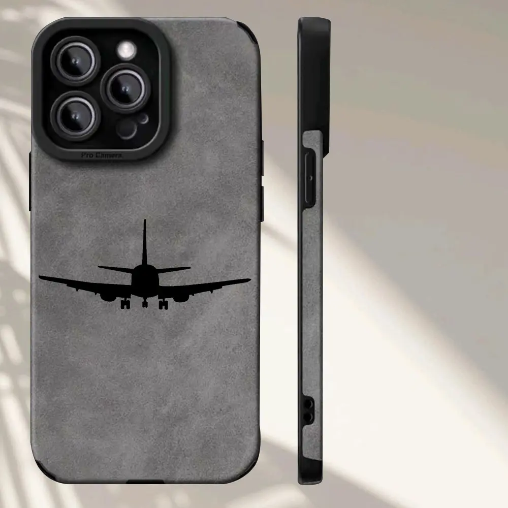 Minimalist Airplane Doodle Line Print Phone Case for iPhone 17 16 15 14 13 12 11 XS Max, Grey Faux Suede Leather Soft TPU Shockproof Travel Lover Protective Cover