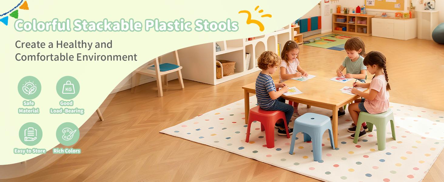 School Plastic Stackable Stools, 11.8 Inch Height Colorful Nesting Stools, Portable Backless Stool for Classroom Students, Flexible Seating Chairs for School Home Office, 12 Pack