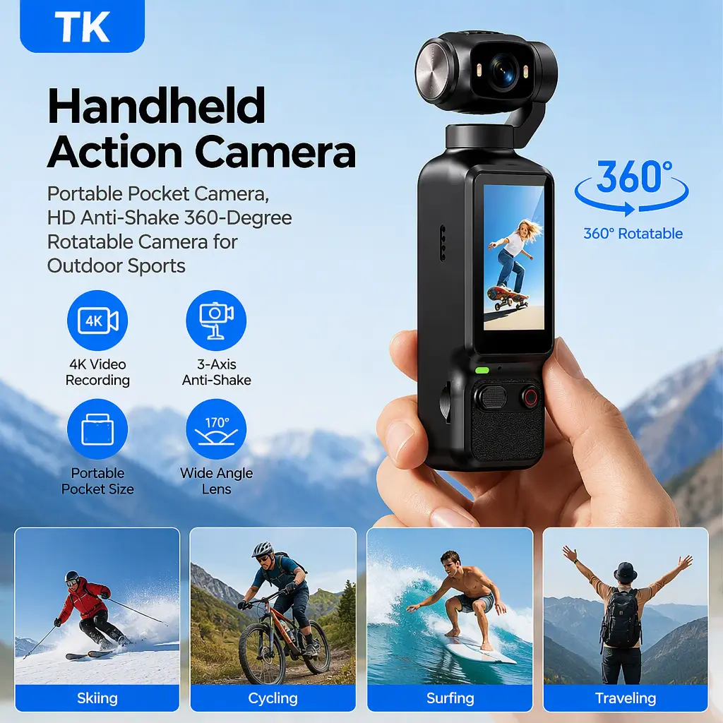 Pocket Size Handheld Action Camera, HD Anti‑Shake 360‑Degree Rotatable Camera for Outdoor Adventure