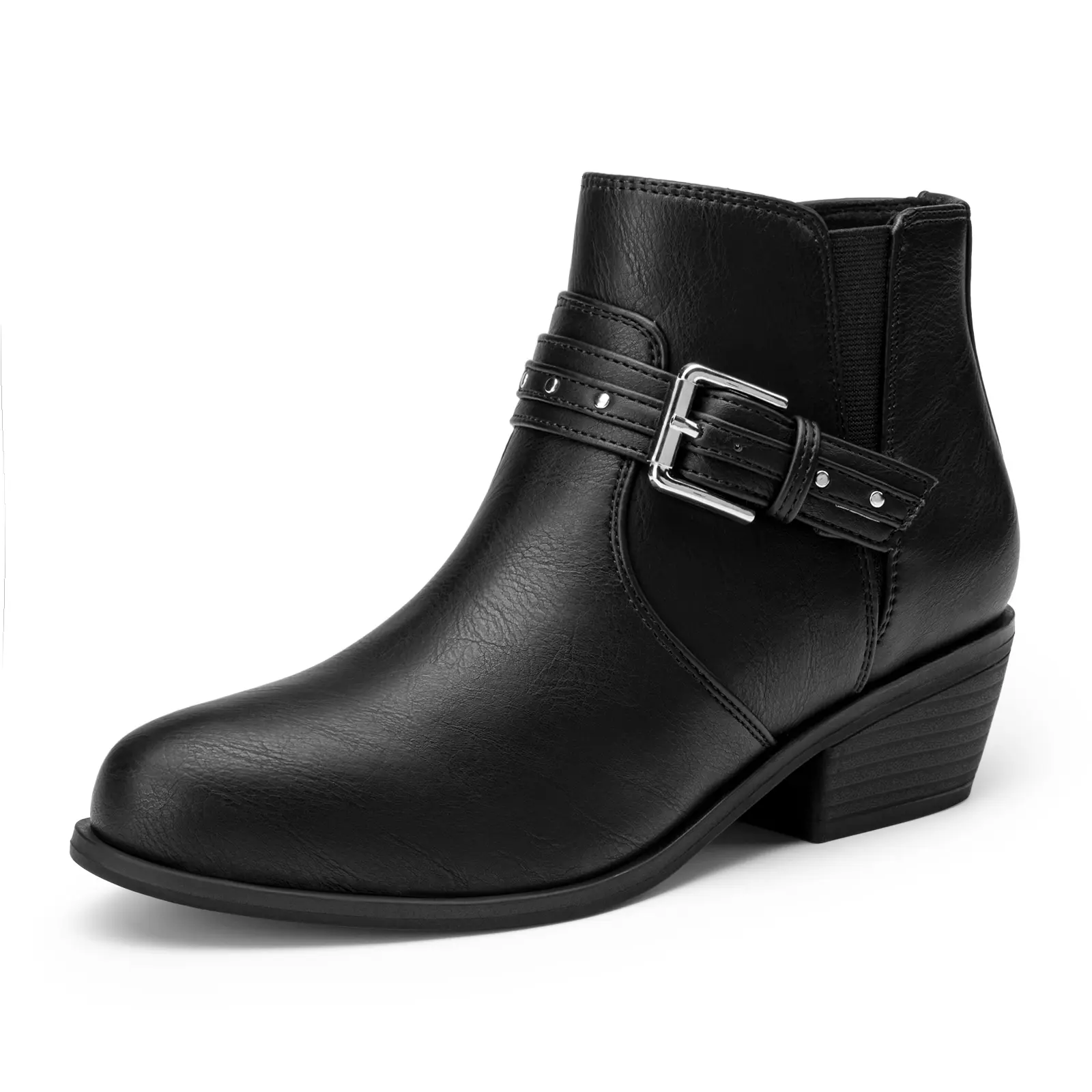 Athlefit Women's Chunky Low Wedge Ankle Boots - Leather/Rubber, Side Zipper, Almond Toe, Soft Support Insole, All Seasons, Comfortable Fall Booties for Daily Wear, Office Work
