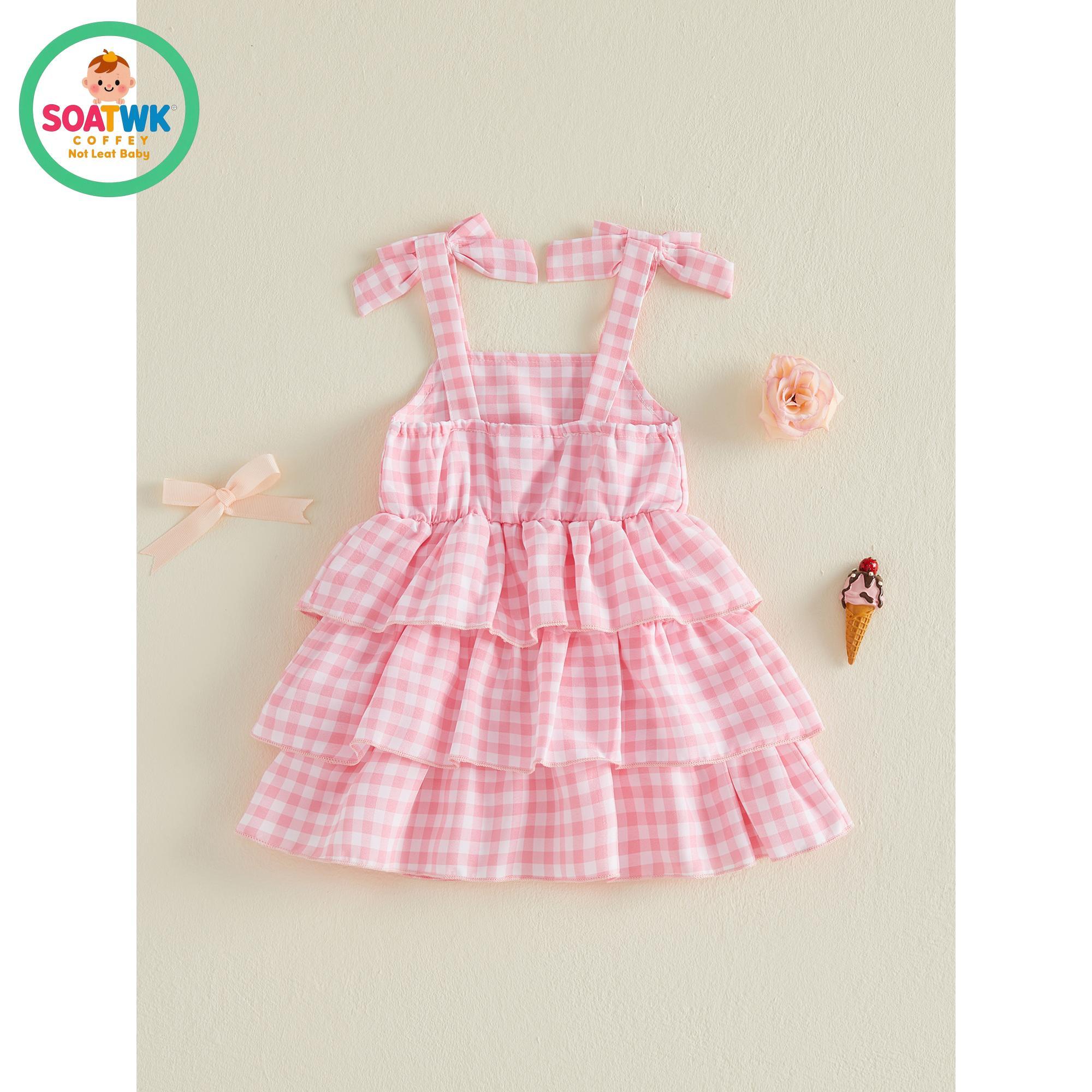 Toddler Girls Summer Dress Casual Layered Hem Plaid Print Cute Bow Sleeveless Dress for Cute Clothes
