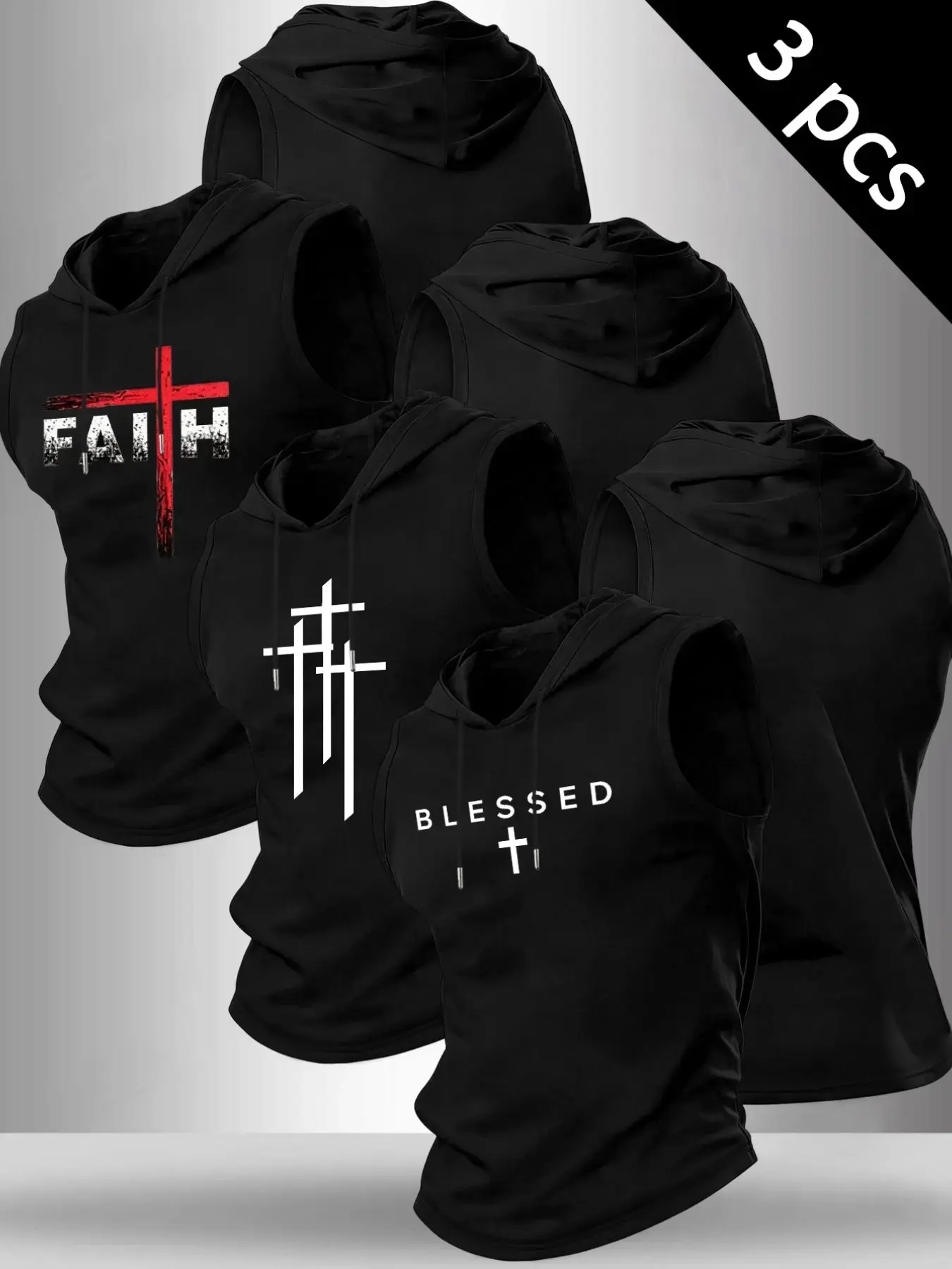 3 Pack Men Christian Hooded Workout Tank Tops Three Distinct Cross Faith Prints Including FAITH and BLESSED Lettering Adjustable Drawstring Soft Breathable Sleeveless Vests Casual Fitness Tops For Gym Daily Religious Street Outfits