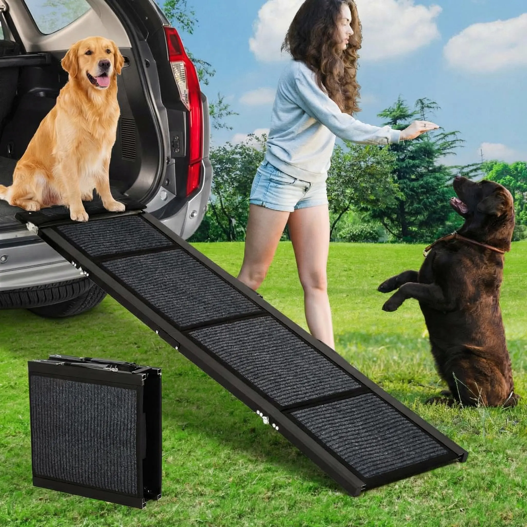 Garvee Folding Dog Ramp - Extra Long, Non-Slip, Lightweight, Portable Pet Stair for Cars, SUVs, and Trucks, Supports Large Dogs up to 122kg, Easy Access to Beds, Sofas, and Outdoor Steps with Side Handles for Safety