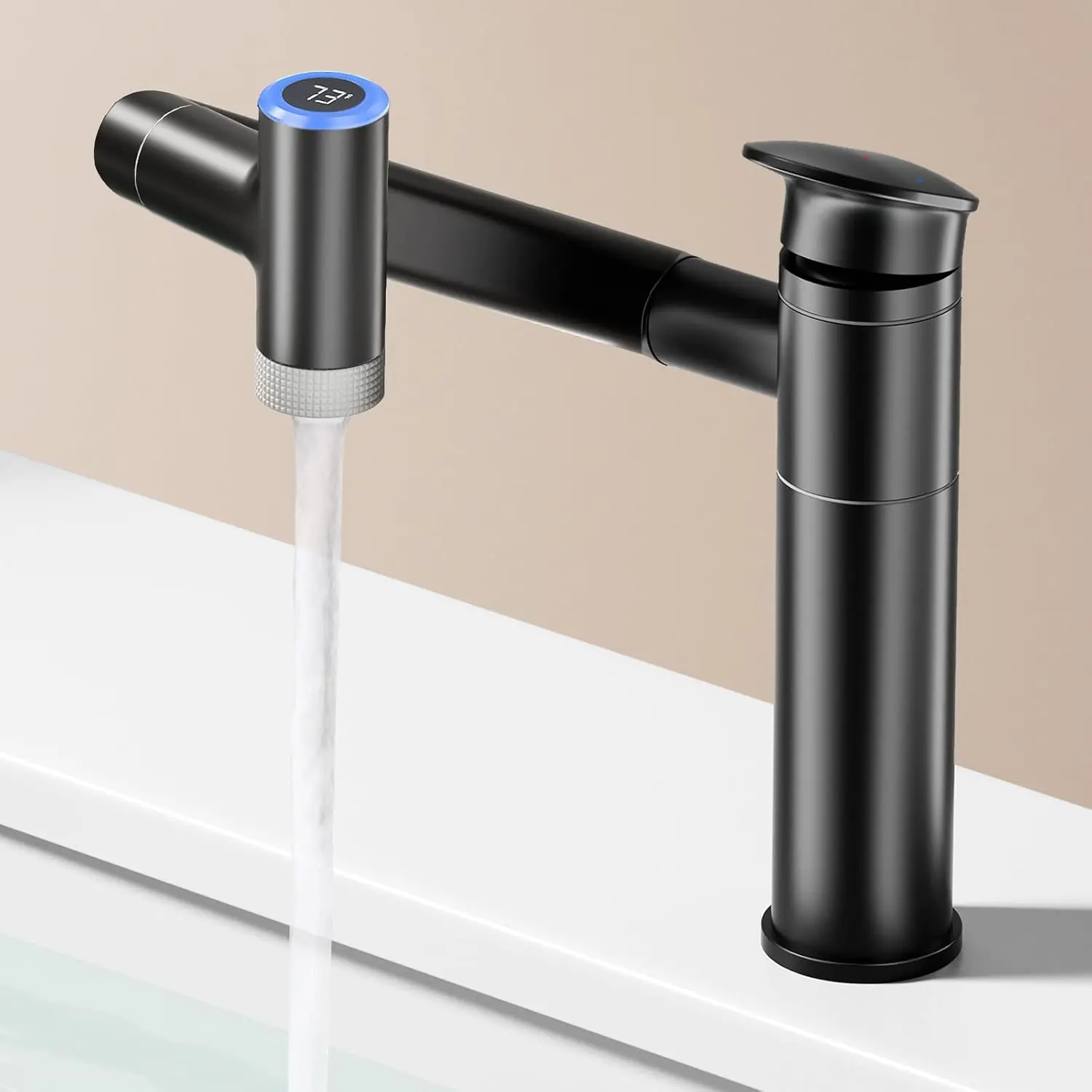 1080°Rotatable Bathroom  Faucet 1 Hole (Black) | Height Adjustable Single Handle Sink Faucet Bathroom with 2 Water Outlet Modes, Bar Sink Faucet with Temperature Display