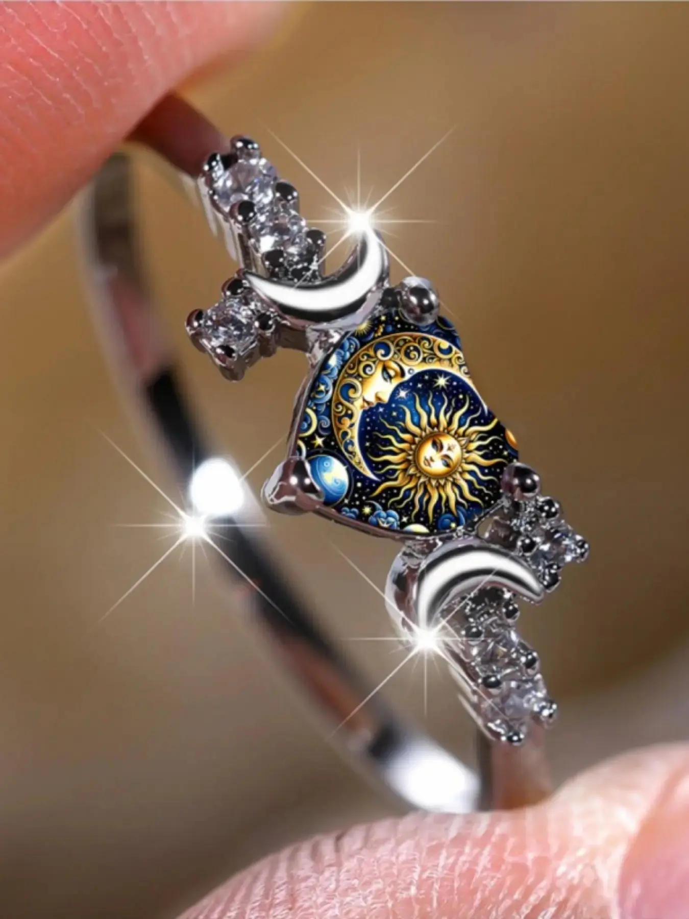 Sun, Moon, Stars, and Heart Ring - Double Crescent Moons Surrounded by Diamond Chips, Vintage Astrological Print, Mysterious Cosmic Style, Niche Accessory, Elegant Fashion Rings, Jewelry Rings, Ambiance-Creating Memorial Gift Jewelry