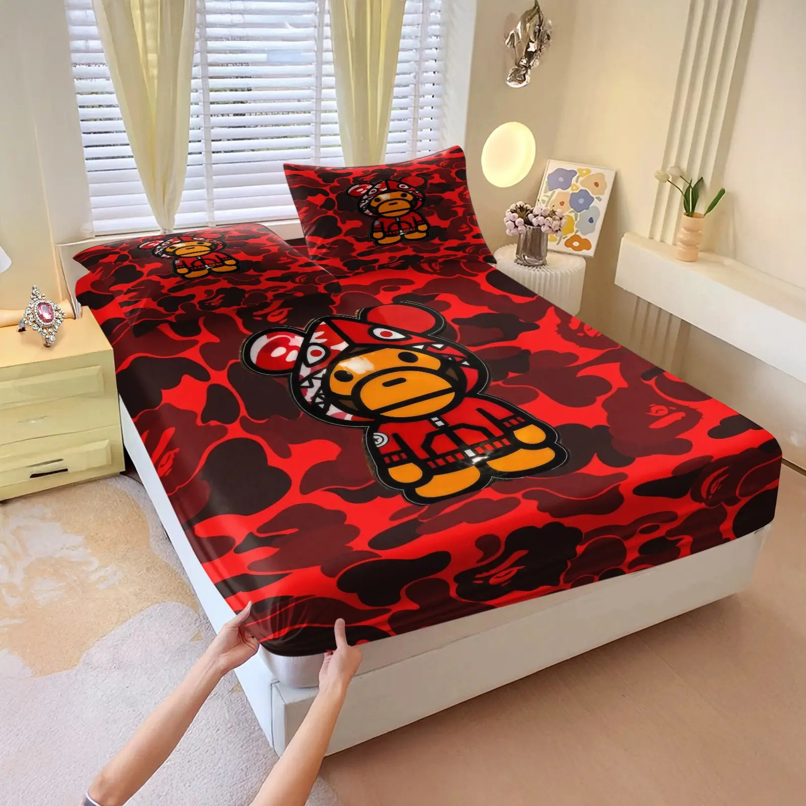 Red Camo Monkey Pattern Fitted Sheet Set, 3Pcs Hip‑Hop Fashion Bedding Set, Deep Pocket Mattress Cover, Trendy Urban Style Bed Sheet with 2 Matching Pillowcases, for Teen Dorm Bedroom Home Decor