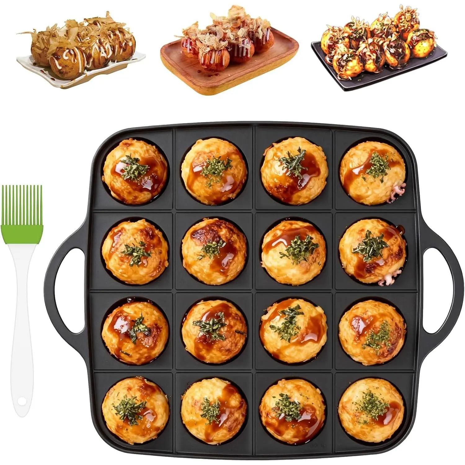 16-Hole Nonstick Takoyaki Pan, Lightweight Cast Aluminum Octopus Ball Maker with Oil Brush, Portable Pancake Ball Grill for Gas Stoves & Camping, Ideal for Aebleskiver, Dessert & Meatballs