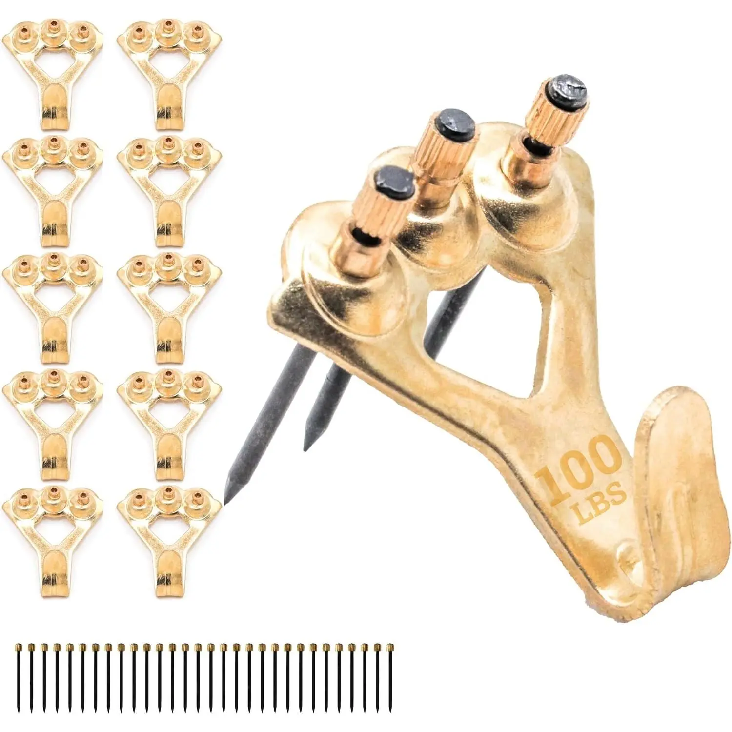 PHS 100 lb Heavy-Duty Picture Hanging Hooks, 10-Pack Frame Hangers with Nails, Drywall-Plaster Wall Mirror Mounting Hardware Kit with Installation Support
