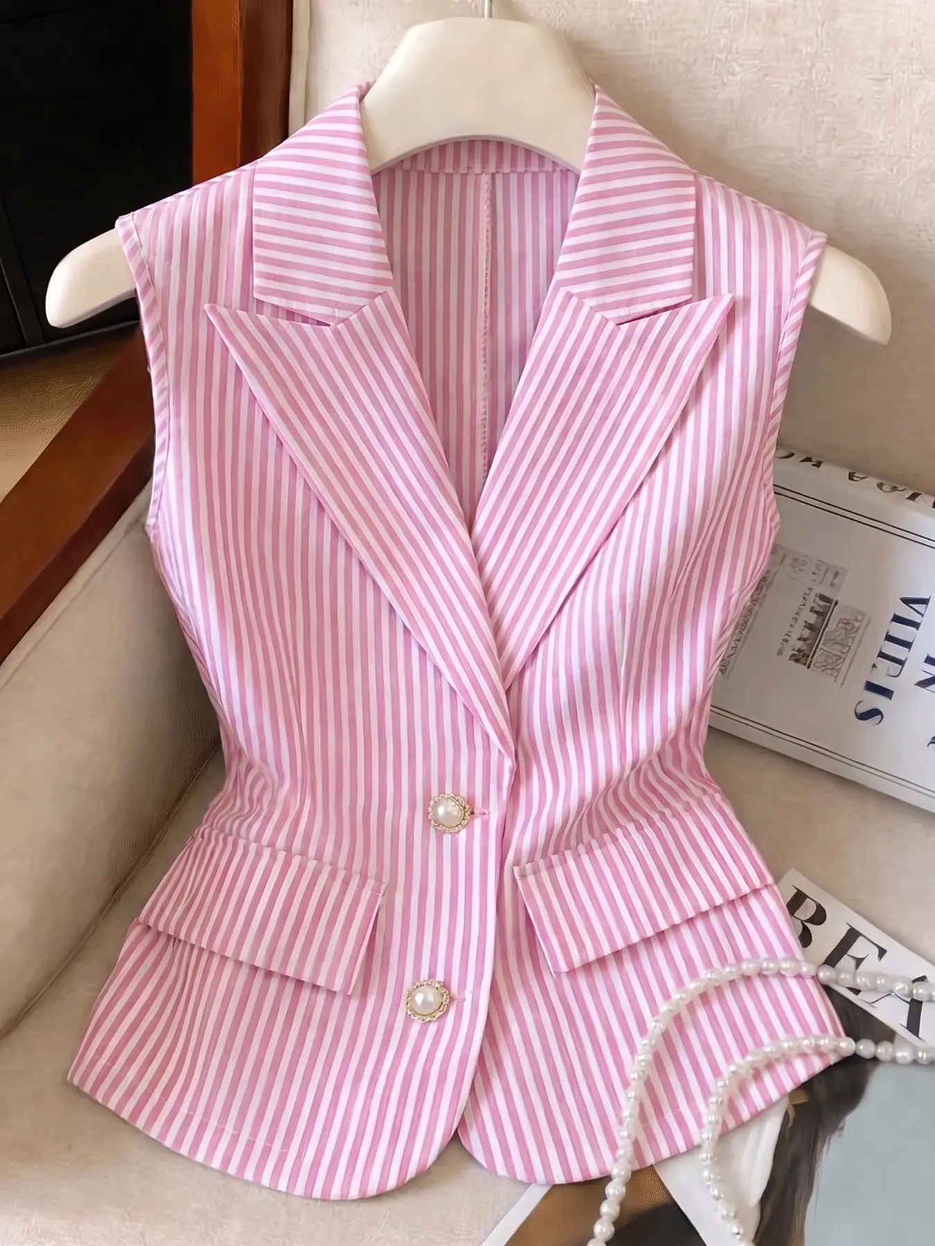 Blue Striped Waistcoat Fashion Vest for Women, Elegant Sleeveless Vest, 2026 Spring Summer New Pearl Button Notch Lapel Sleeveless Formal Commuter Top