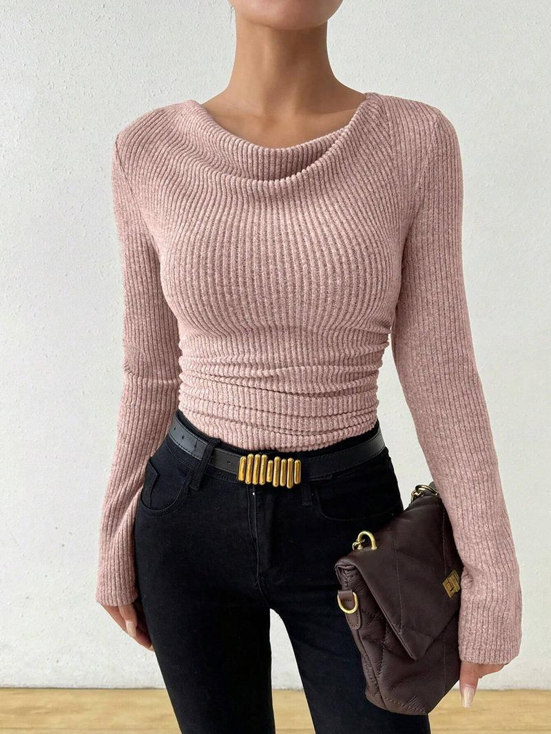Women's Plain Draped Cowl Neck Ribbed Tee, Elegant Long Sleeve T-shirt for Spring & Fall, Women's Clothing for Daily Wear