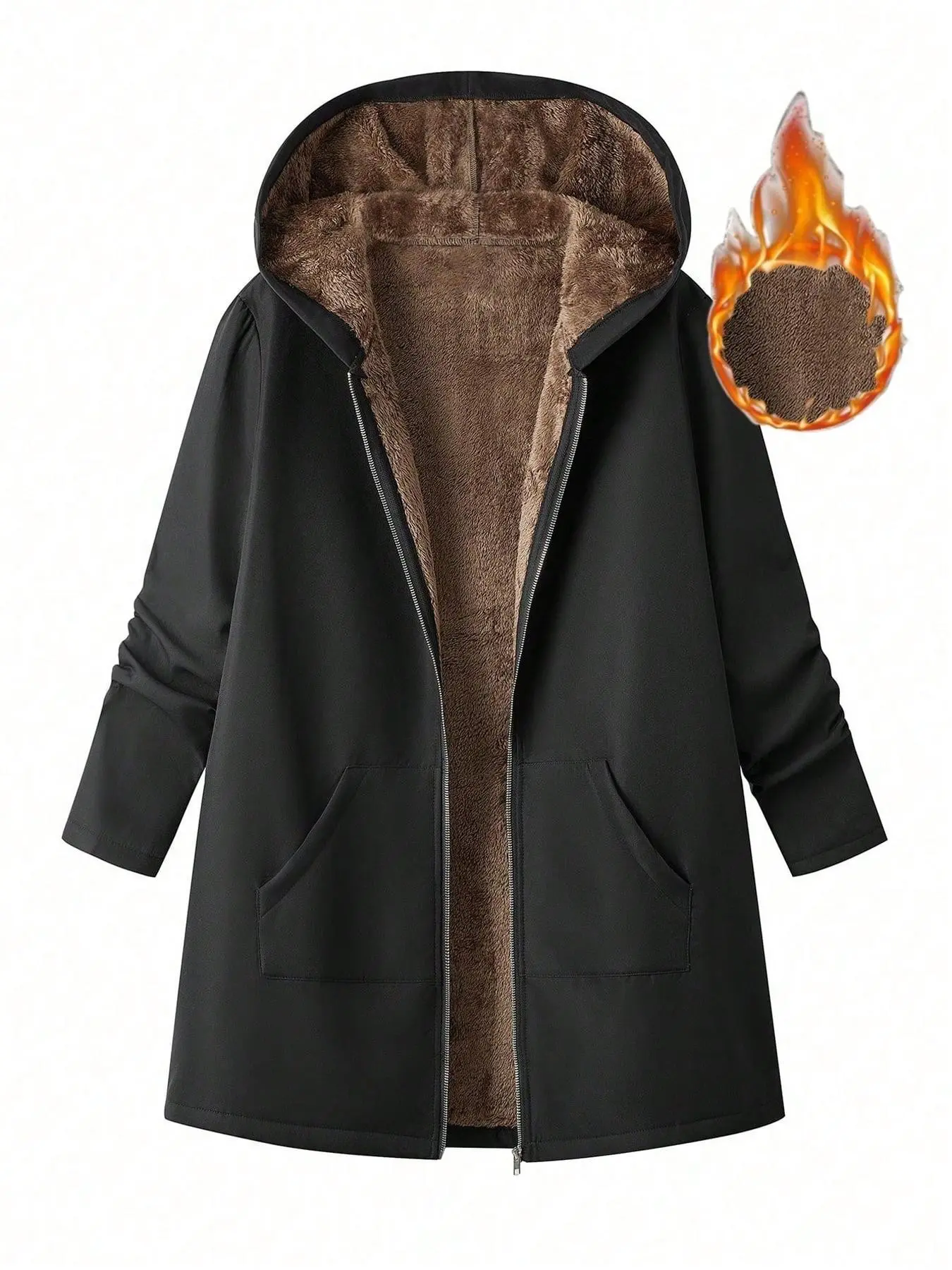 Women's Hooded Short Coat, Fleece Lined Zip Up Windbreaker Jacket With Pockets, Winter Casual Long‑Sleeve Warm Outerwear, Jacket Coats, Fall & Winter Women Coat