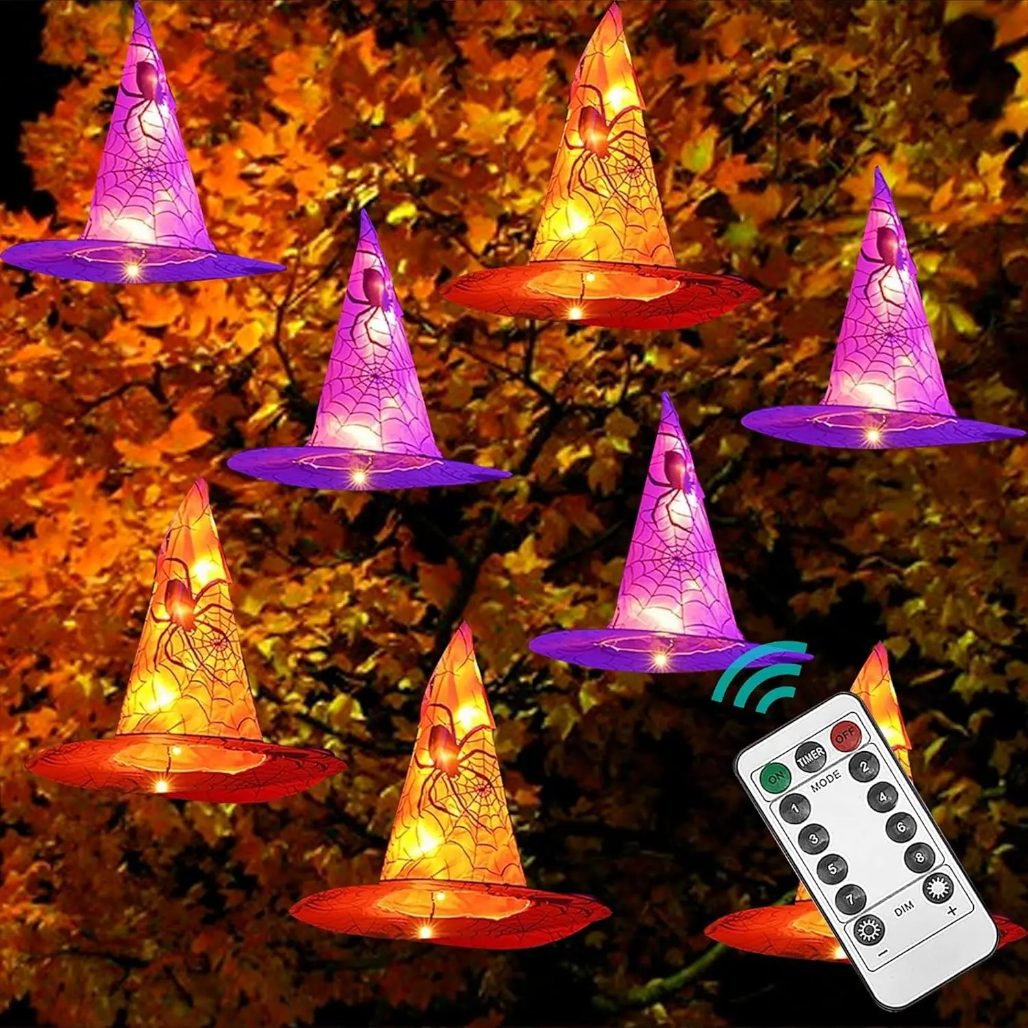 8 Pcs Hanging Witch Hat String Lights with Remote Control, Waterproof Light-Up Halloween Decorations for Outdoor Garden Party Carnival SuppliesGift