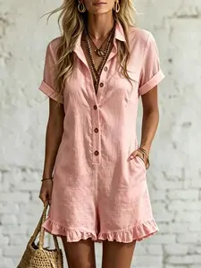 2026 New Shirt Dress Overall, Short Sleeve Collared Vacation Style, Ruffled Shorts One-Piece, Trendy Summer Fashion