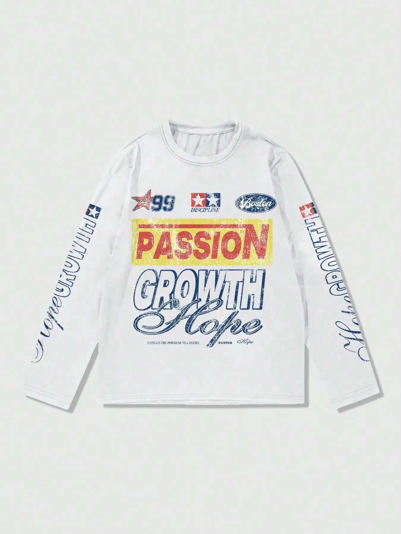 Men Vintage Racing Graphic Long Sleeve Tee Crew Neck Multi Star Badge Letter Print Top Lightweight Breathable Stretch Sleeve Layering Shirt for Skate Park Campus Daily Concert Weekend Street Snap Unisex Casual All Season Wear