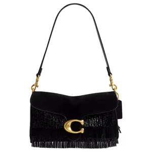 COACH Tabby 26 Crystal Beaded Tassel Suede and Leather Shoulder Bag for Women, Medium Size, Black