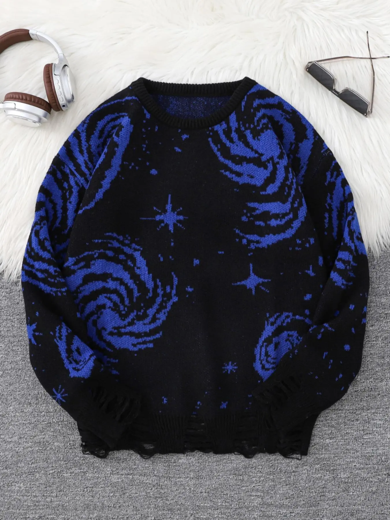 Men's Graphic Pattern Ripped Drop Shoulder Sweater, Loose Casual Long Sleeve Round Neck Jumper for Fall & Winter, Fashion Men's Knitwear for Daily Wear