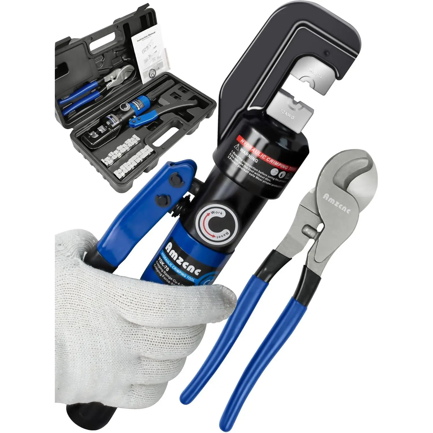 Hydraulic Crimping Tool and Cable Cutter Hydraulic Cable Lug Crimper 10 US TON 12 AWG to 00 (2/0) Electrical Terminal Cable Wire Tool Kit with 9 Die