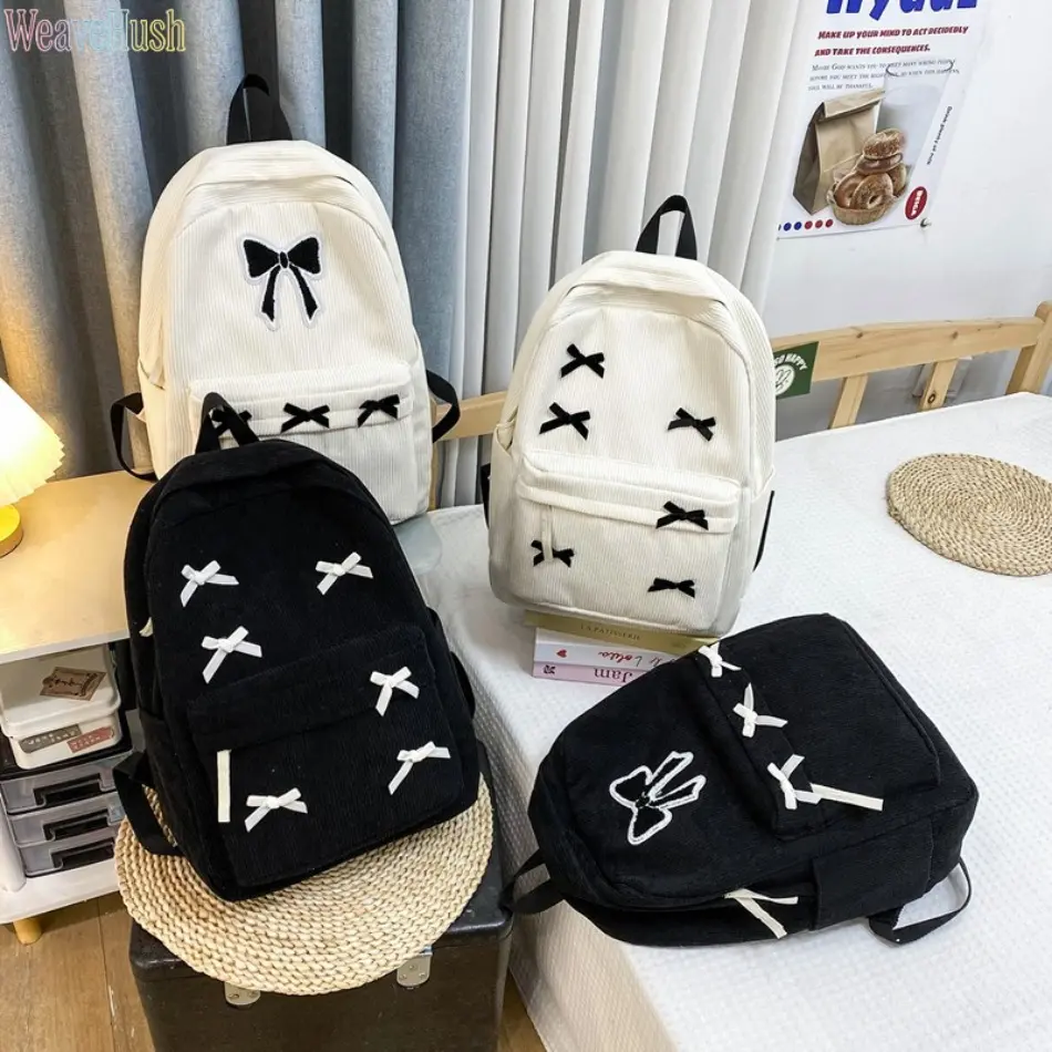 College student schoolbag female junior high school studentCorduroy Bow‑Decor Backpack for Girls, Large‑Capacity Cute Casual Bookbag, Stylish School Bag for Junior High, High‑School &  cute bow backpack corduroy large capacity high school student backpack