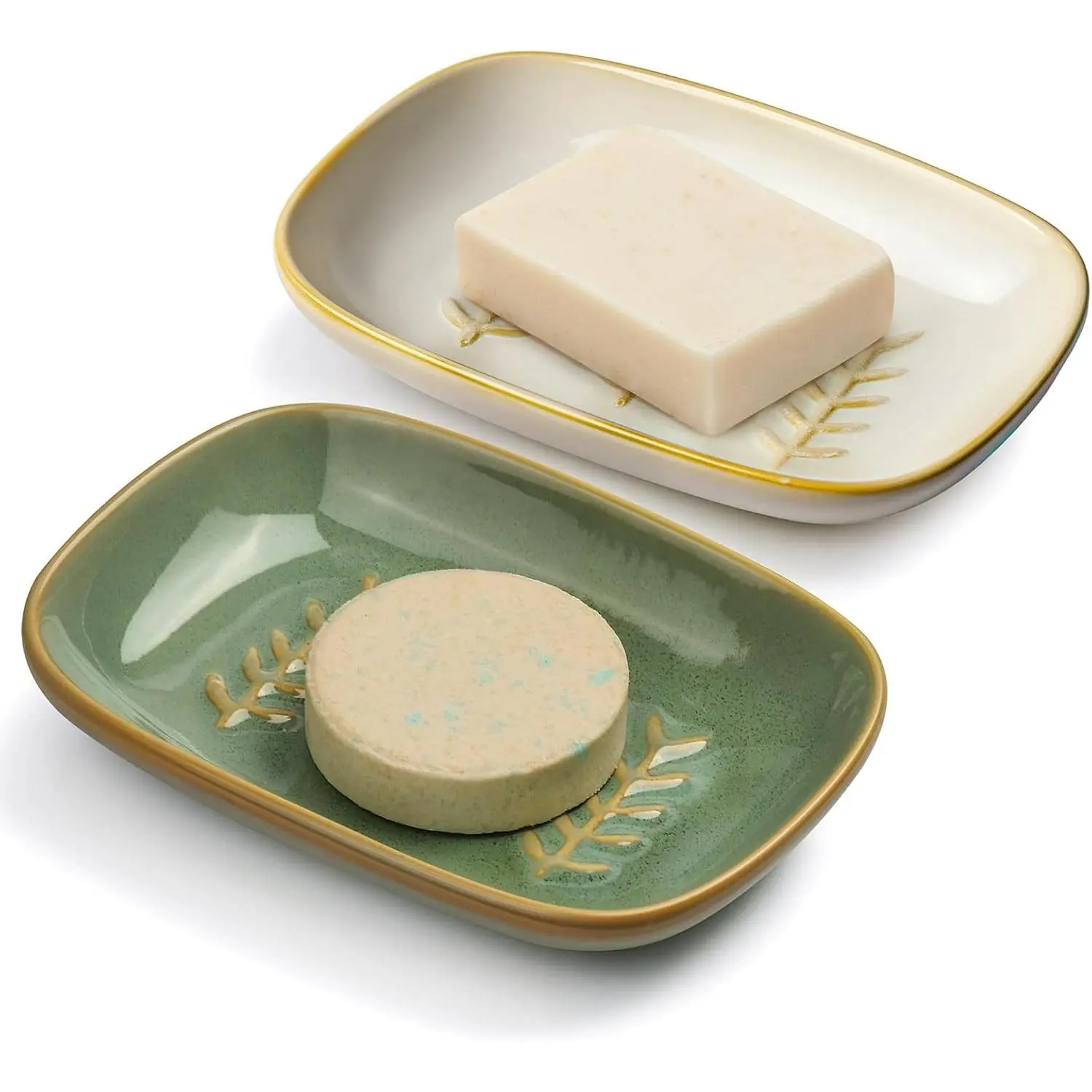 2 Pack Ceramic Soap Dish, Decorative Cute Soap Saver Holder Tray for Bar Soap, Square Shampoo & Sponge, Easy to Clean, Ideal for Bathroom Shower Kitchen Sink