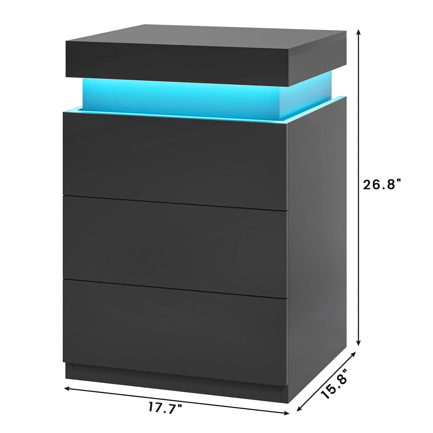 SIKAIC 2PCS Nightstand with LED Lights Charging Station Black