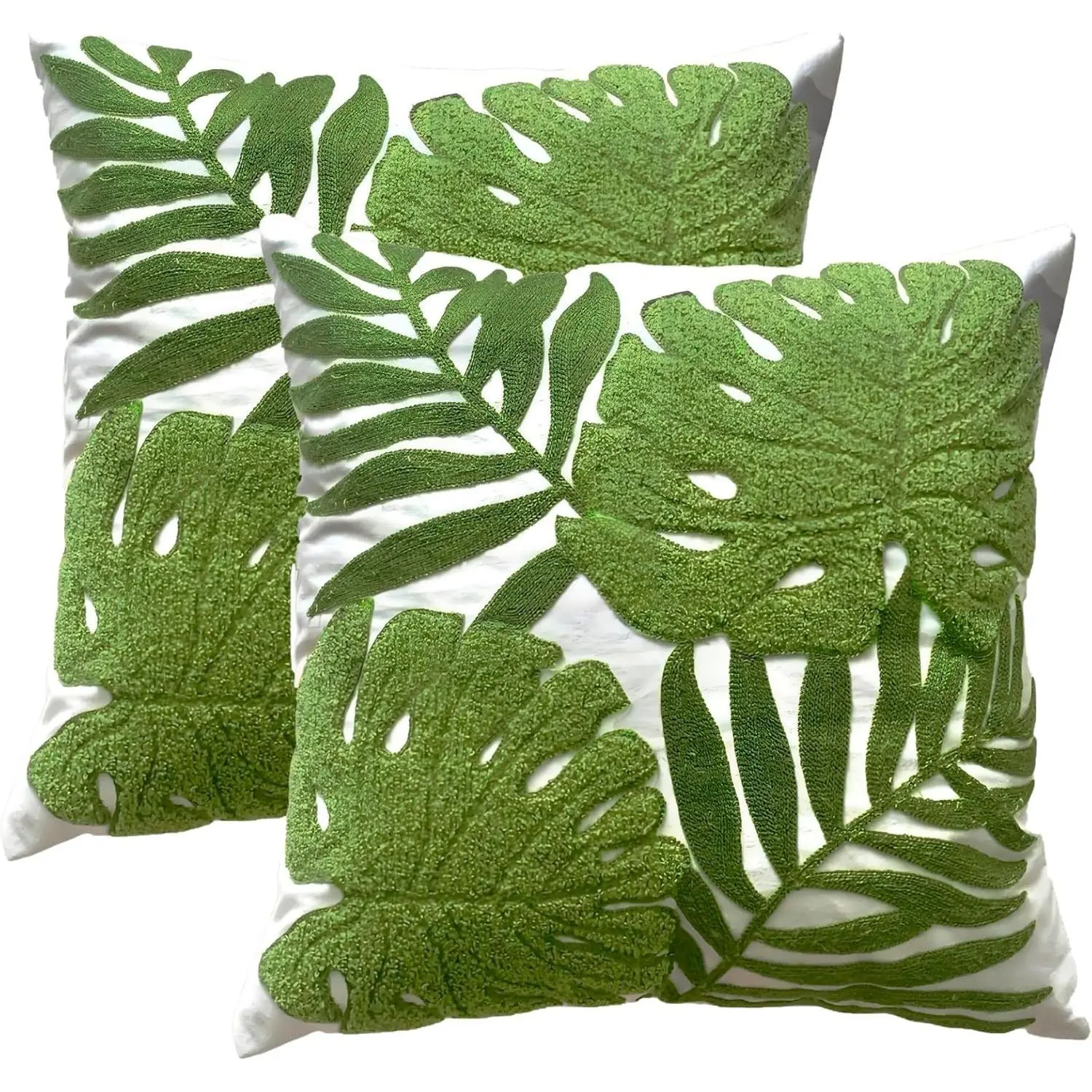 Tropical Green Leave Embroidered Throw Pillow Covers,18x18,Set of 2 | Cotton Blend Canvas Cushion Cases for Sofa Couch Bed Living Room Decor,Valentine's Day Gift Square Farmhouse Floral 18"x18"