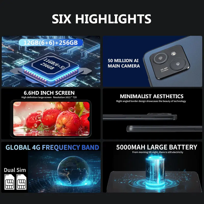 Redbeat E3 Android 14 Smartphone, 6.6 Inch HD+ Screen & 12GB+256GB