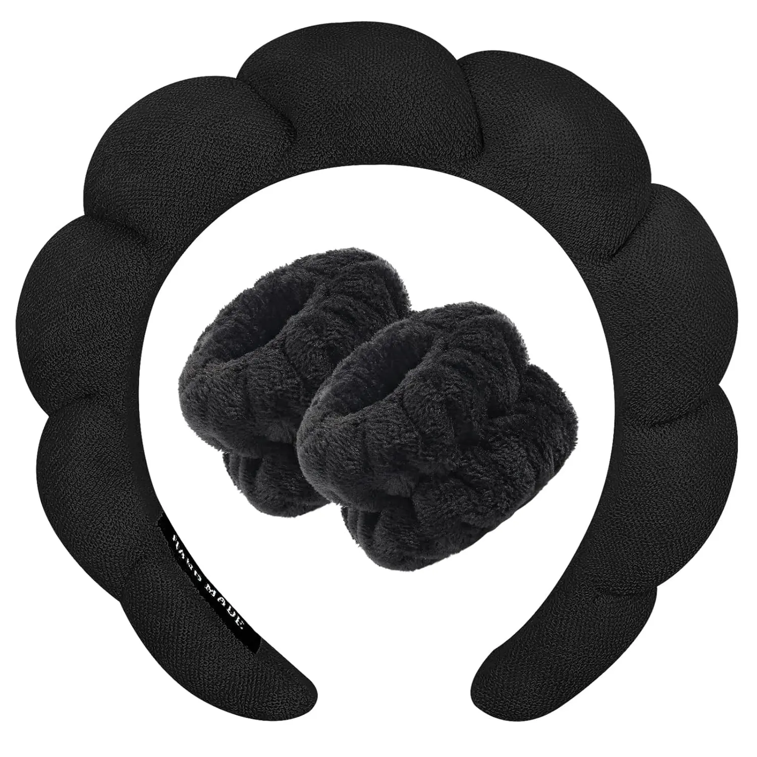 Soft Terry Cloth Spa Headband for Washing Face and Makeup Skincare, Puffy Padded Non-Slip Thick Hair Accessory with Wristband Sponge for Women Girls, Black