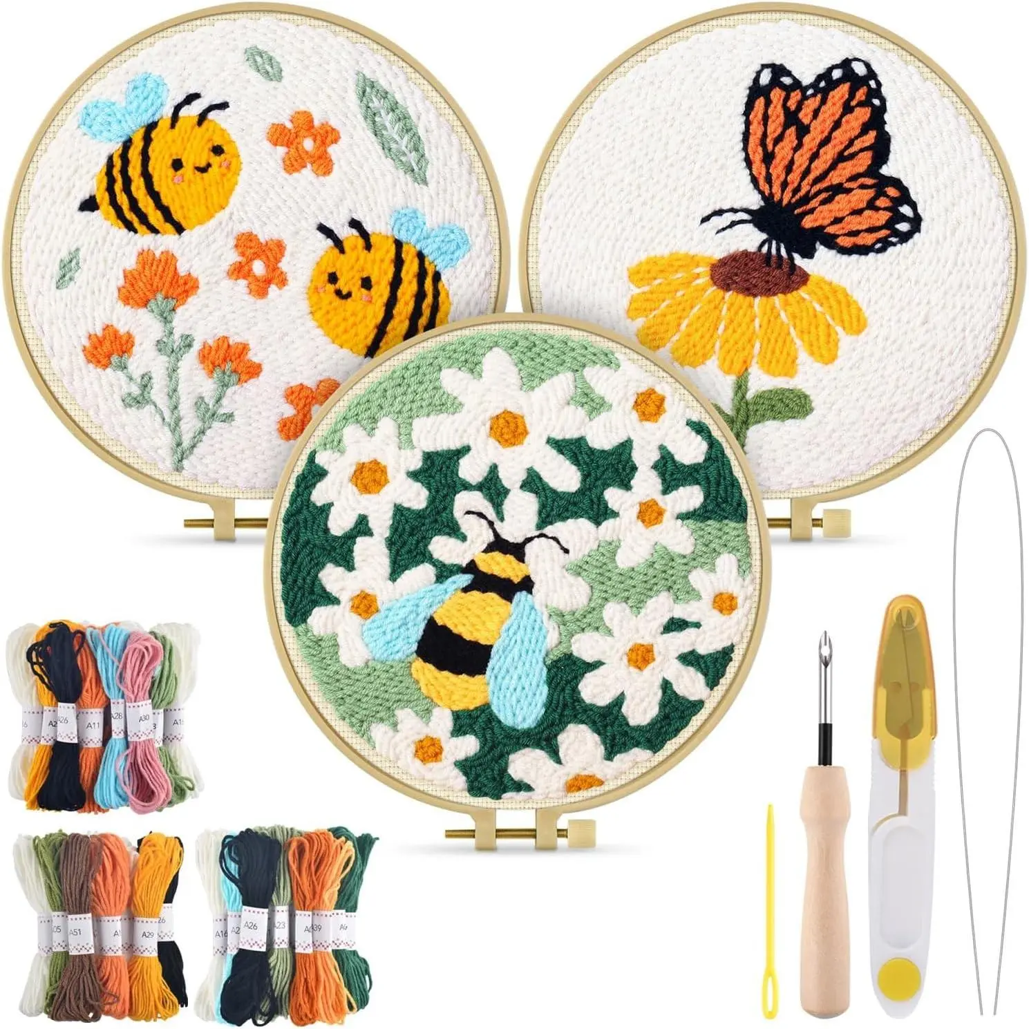 Flower Punch Needle Embroidery Kits for Adults - 3 Sets with Punch Needle Fabric, Hoops, Yarns and Sewing NeedlesGift