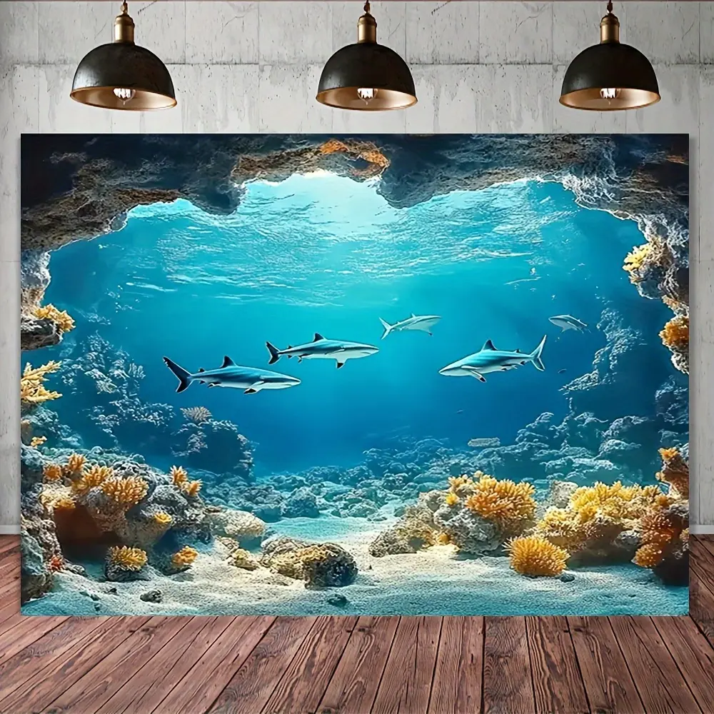Underwater Marine Photography Backdrop - Realistic Coral Reef and Shark Scene - No Power Required, Easy to Hang and Install - Large Size Studio Backdrop, Suitable for Home Decoration, Events, and Professional Photography - Available in Various Sizes - Dur